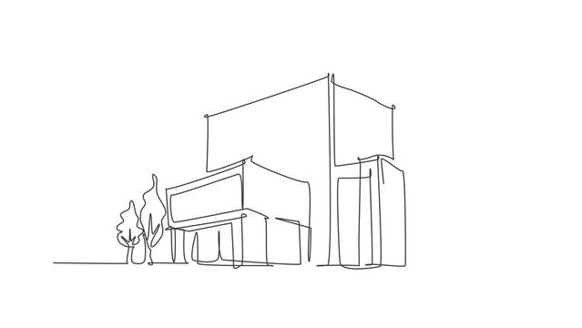 Animated self drawing of continuous one line draw luxury house construction building at city. Home property architecture hand drawn minimalist concept. Full length single line animation illustration.