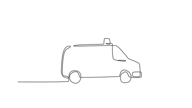Animation of one line drawing hospital ambulance car to help injury patient at road accident. Emergency rescue isolated doodle minimal concept. Continuous line self draw animated. Full length motion.