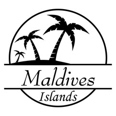Destino de vacaciones. Logo aislado con texto manuscrito Maldives islands con silueta de isla con palmeras en círculo lineal