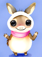 Kangaroo in a hat, scarf. Watercolor postcard, big eyes, big head, small body