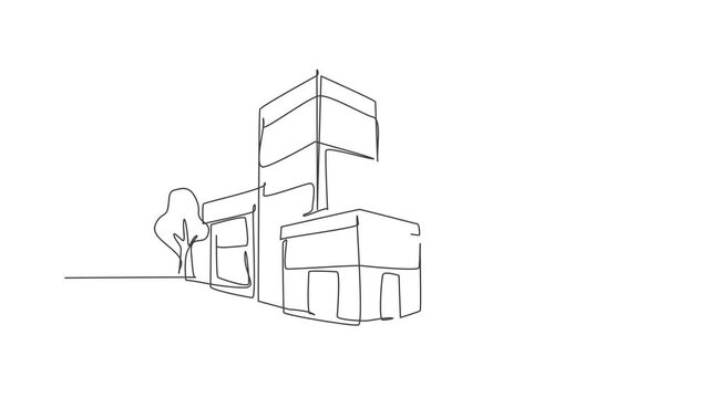 Animated self drawing of single continuous line draw luxury building at big city. Home architecture property isolated minimalism concept. Full length one line animation illustration on background.