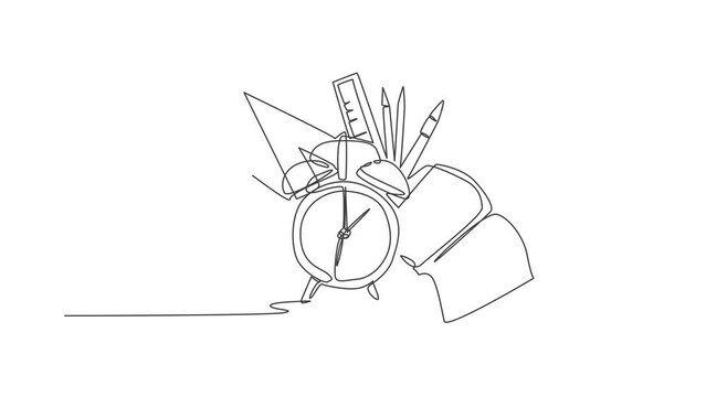 Animated self drawing of continuous line draw alarm clock with book, pencil, pen, ruler, compass set. Back to school minimalist style. Education concept. Full length one line animation illustration.