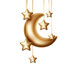 Realistick crescent moons with hanging stars omposition for islamic holy month decoration isolated. Decorative 3d elements for Muslim holidays © Ann_Sereda