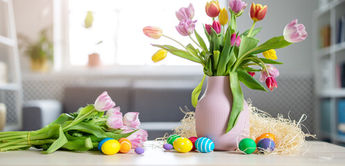 A bunch of tulips in a vase standing on the table and colourful eggs lying on it.