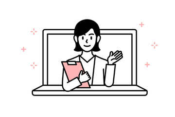 Illustration of a woman or teacher giving classes and lectures, including knowledge, information, guidance, and education remotely online from a laptop screen