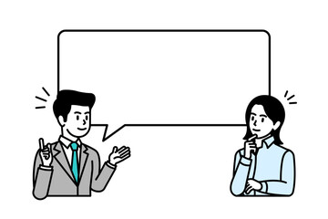 Illustrations expressing questions and answers of business men and business women regarding education, lectures, information, and services through speech bubbles