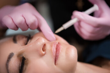Obraz na płótnie Canvas Beautician in a beauty salon makes injections with a syringe. Anti aging treatment. Skin care and rejuvenation treatments.