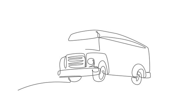 Animation of single one line drawing of old classic school bus for elementary school student. Back to school minimalist, education concept. Continuous line self draw animated style. Full length motion