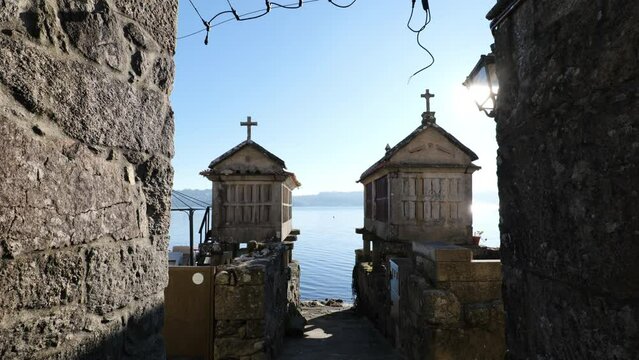 This video shows two traditional granaries in the fishing village of Combarro, Spain 