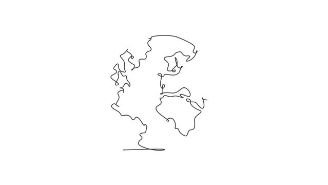 Animation of one line drawing of globe earth. Earth silhouette for education. Infographic territory, geography, isolated on white background. Continuous line self draw animated. Full length motion.