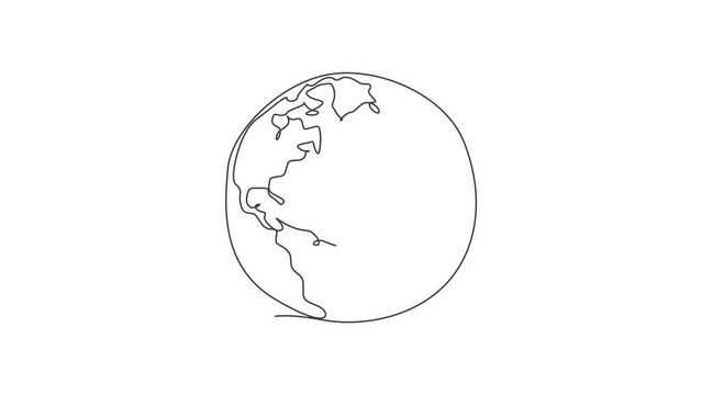 Animation of one line drawing of world map. Globe silhouette for education concept. Infographics, geography presentation isolated on background. Continuous line self draw animated. Full length motion.
