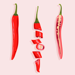 Vector chili pepper whole, sliced and halved. Useful spicy vegetable. Isolated figures.