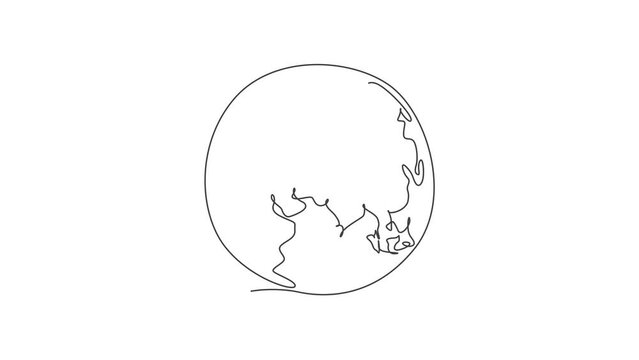 Round global earth. Animated self drawing of continuous line world globe map. Simple one line doodle for geography education. Isolated minimalist on white background. Full length single line animation