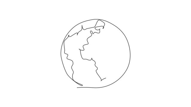 World globe earth. Animated self drawing of continuous line global map geography. Simple one line draw doodle for education. Isolated minimalist on white background. Full length single line animation.