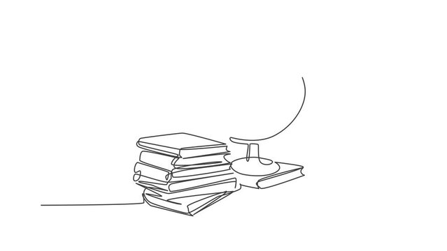 Earth globe beside books stack. Animated self drawing of continuous line draw minimalist on white background. Full length simple line animation style. Hand drawn concept for education.