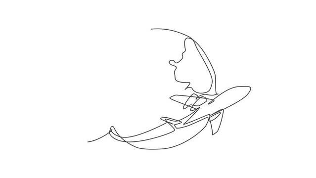 Airplane flying around the earth. Animated self drawing of continuous line world globe map icon. Full length one line animation doodle for traveling concept. Isolated illustration on white background.