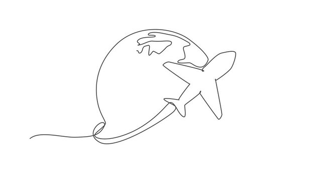 Self drawing animation of single line draw airplane fly through sky. Globe icon silhouette for tours and travel concept. Infographics, business presentation on white background. Full length animated.