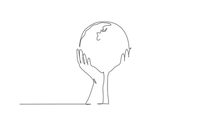 Self drawing animation of single line draw man holding global earth. Save nature icon silhouette concept. Infographics, green environment campaign isolated on white background. Full length animated. - Powered by Adobe