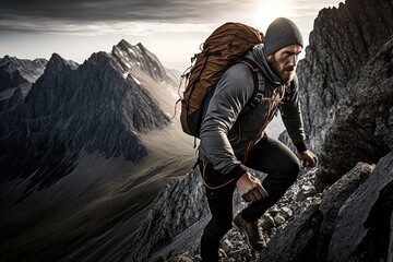 Young backpacking man traveler enjoying nature in Alps mountains, Ai generative.