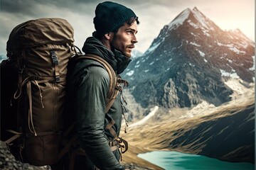 Young backpacking man traveler enjoying nature in Alps mountains, Ai generative.