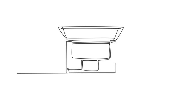 Animation of one single line drawing of laptop and classic headphone from top view. Entertainment computer concept. Continuous line self draw animated illustrator. Full length motion.