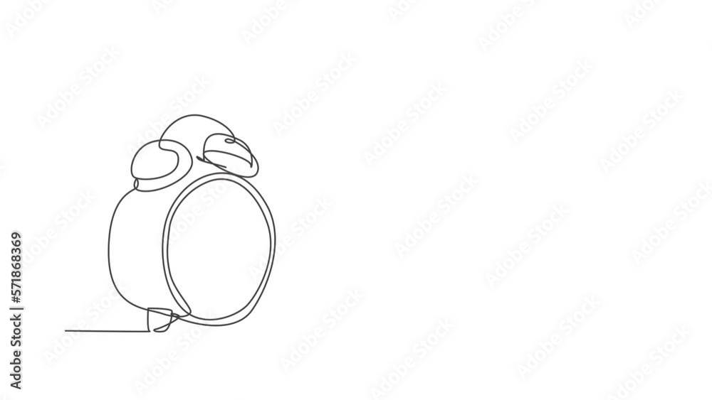 Poster animated self drawing of single continuous line draw classic alarm clock with ring bell. wake up tim