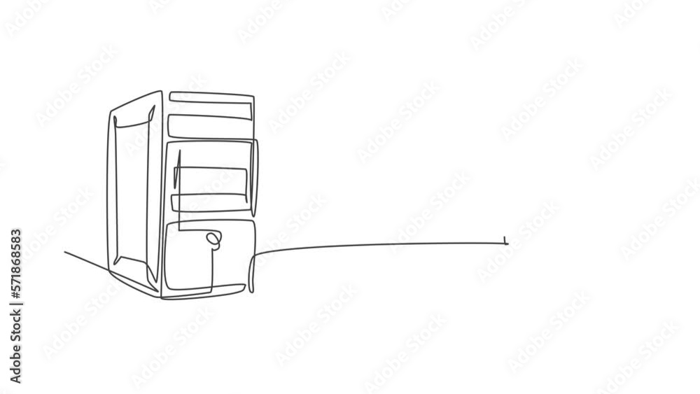 Poster animated self drawing of single continuous line draw cpu computer unit and screen monitor for compan