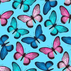 Pattern with butterflies. Butterflies on a blue background. Summer design.
