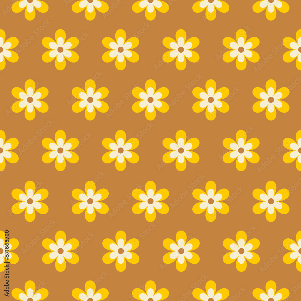 Poster abstract retro seamless pattern with geometric daisy flowers on a mustard background. colorful groov