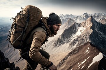 Young backpacking man traveler enjoying nature in Alps mountains, Ai generative.