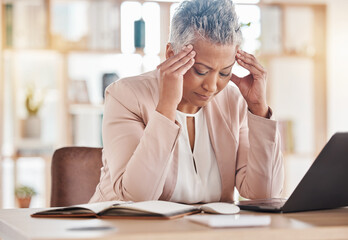 Headache, accountant or burnout woman on laptop for financial crisis, mental health or invest...