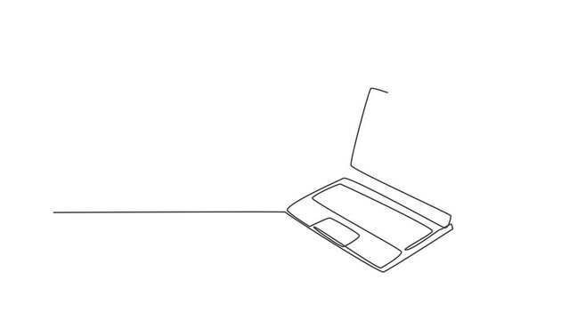 Animated self drawing of one continuous line draw thin laptop for supporting business. Portable computer to make work more flexible concept. Full length single line animation illustration.