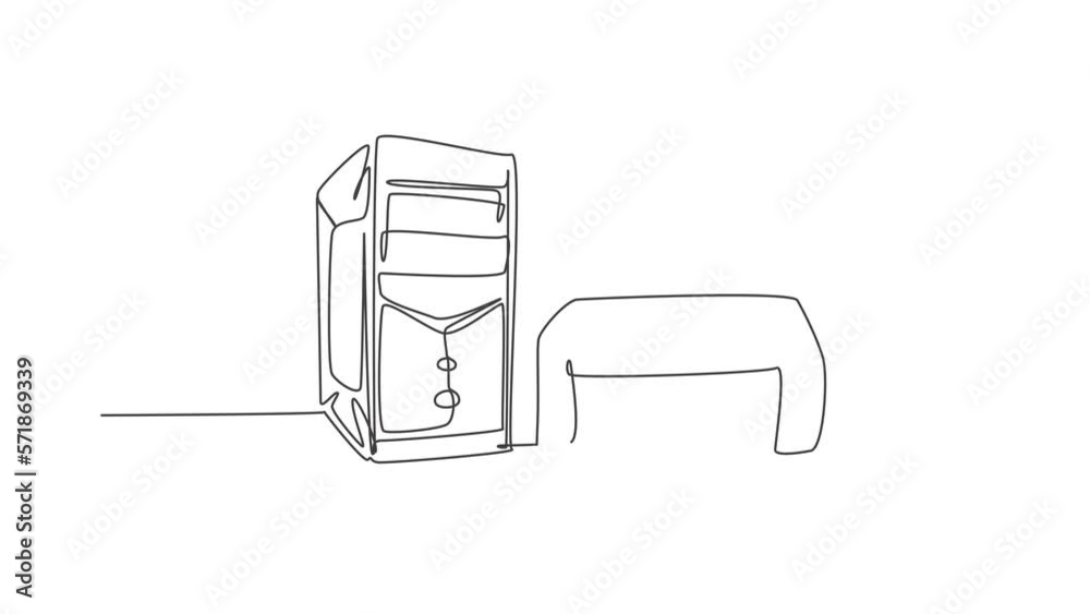 Poster animated self drawing of continuous line draw cpu computer and printer for small office appliance. e