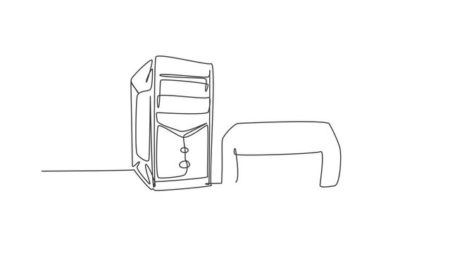 Animated self drawing of continuous line draw cpu computer and printer for small office appliance. Electricity home business equipment template concept. Full length single line animation illustration.