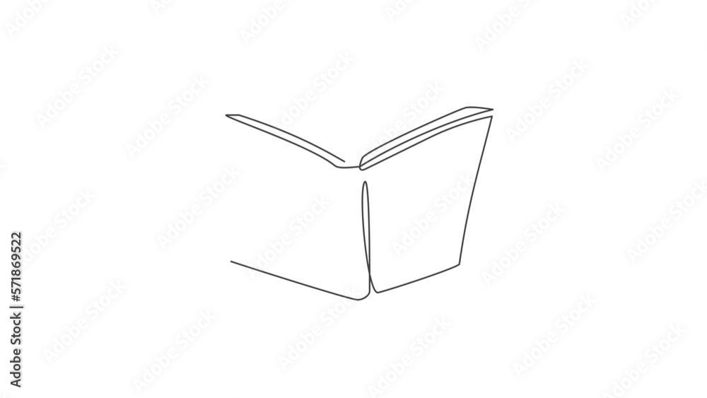 Poster animated self drawing of single continuous line draw open book for public library logo label. window