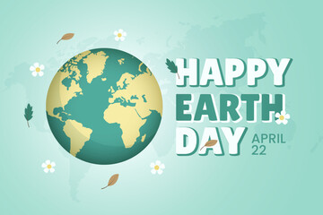 Happy Earth day April 22 banner with globe and flowers leaves illustration