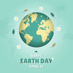 Happy Earth day April 22 with globe flowers and leaves illustration
