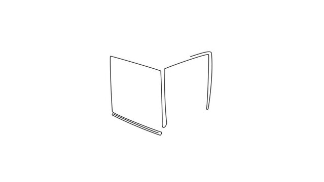 Animated self drawing of single continuous line draw open textbook for publishing company logo label. Educational handbook logotype icon concept. Full length one line animation illustration.