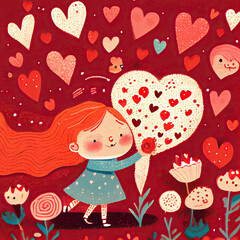 Fototapeta premium Valentine's Day love,hearts,flowers,red happy cheerful joyful fun playful,sweet.Character Design Concept Art Book Illustration Video Game Digital Painting. CG Artwork Background. Generative AI 
