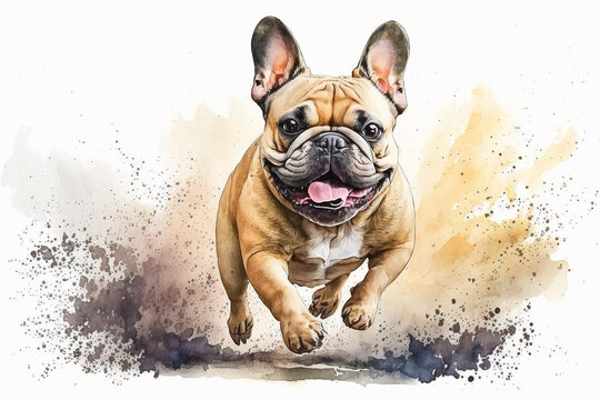 Cute and Happy French Bulldog run. Watercolor painting. Generative AI