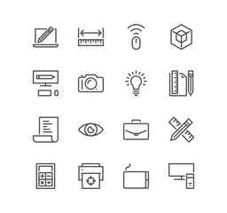 Set of graphic design related icons, idea, tool, artwork and linear variety vectors.