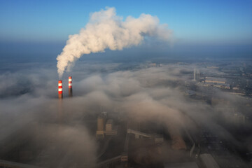 Aerial view of Hodonín in fog. Inversion in South Moravia, Czech Republic.