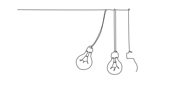 Animated self drawing of single continuous line draw pendulum light bulbs swinging hit other bulbs logo label. Poster wall decor concept. Full length one line animation illustration.