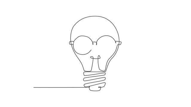 Animated self drawing of single continuous line draw light bulb with round old glasses logo label. Smart bright company icon label concept. Full length one line animation illustration.