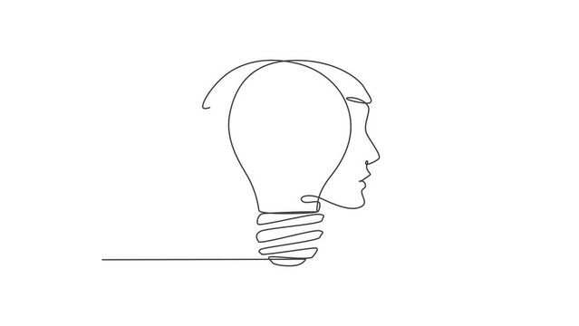 Animation of one line drawing of men face with light bulb at the center logo identity. Human creativity company logotype icon template concept. Continuous line self draw animated. Full length motion.