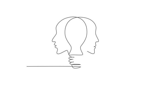 Animated self drawing of continuous line draw twin human face with light bulb in the middle logo label. Psychology mind inspiration icon label concept. Full length one line animation illustration.