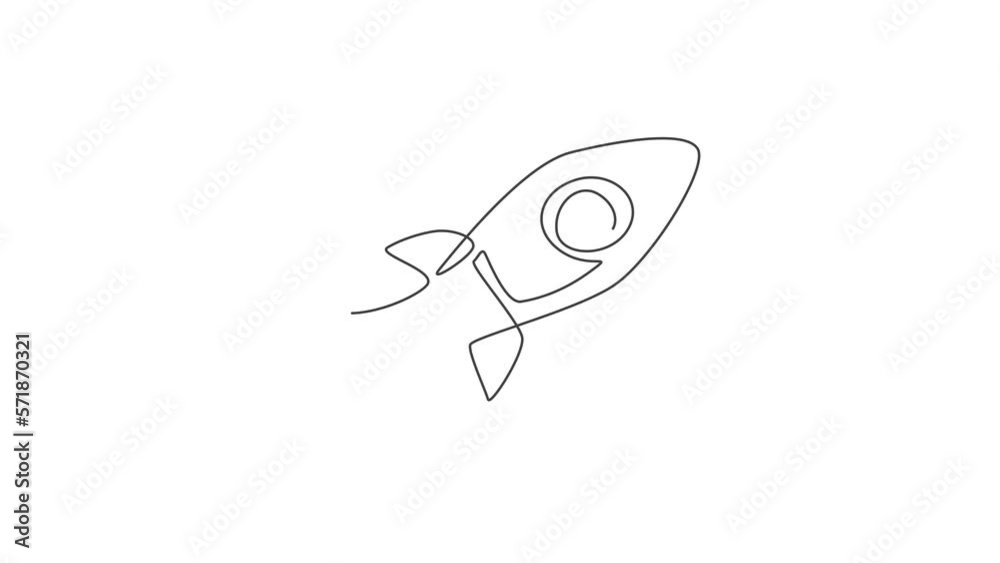 Poster animated self drawing of single continuous line draw rocket launch flying in outer space logo label.