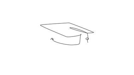 Animated self drawing of one continuous line draw graduation hat logo emblem. Study graduating cap logotype icon template concept. Full length single line animation illustration.
