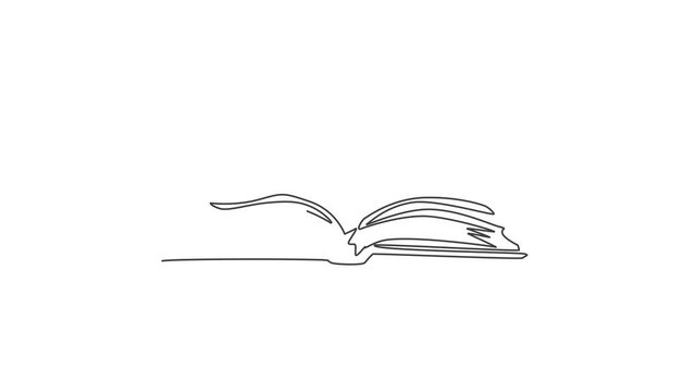 Animated self drawing of single continuous line draw thick open book logo label. Campus library icon label concept. Full length one line animation illustration.