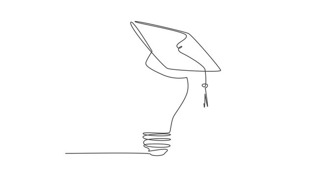 Animation of one single line drawing of bright lightbulb wearing graduation cap logo identity. Smart study academy logotype icon template concept. Continuous line self draw animated illustration.